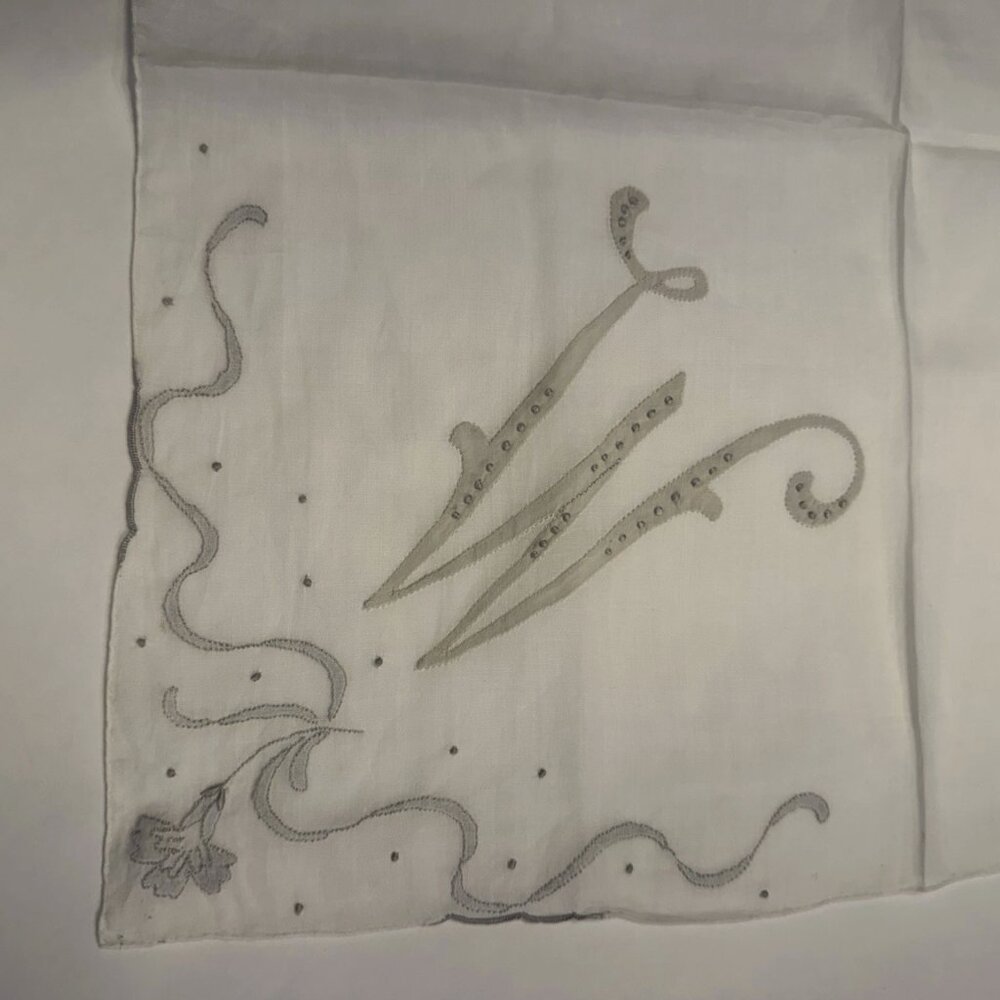 Vintage Bridal Monogram M W Wedding Handkerchief Embroidered Floral Hankie 16" - Picture 3 of 3